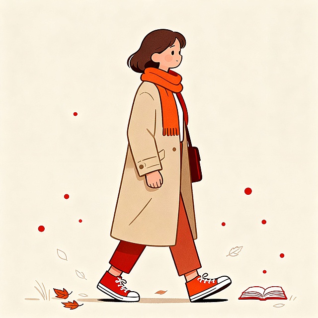 视觉调性
低饱和度暖色调插画（米色/浅棕/橙红为主）
扁平化线条人物（侧身/行走姿态，避免正面特写）
极简背景+小细节点缀（如散落的红点、落叶、书本轮廓）
内容适配
职场妈妈日常场景（通勤/读书/散步，避免夸张动作）
治愈系穿搭元素（大衣/围巾/帆布鞋，弱化品牌感）
留白设计（文字区域预留30%以上空间，方便加标题）成长类公众号