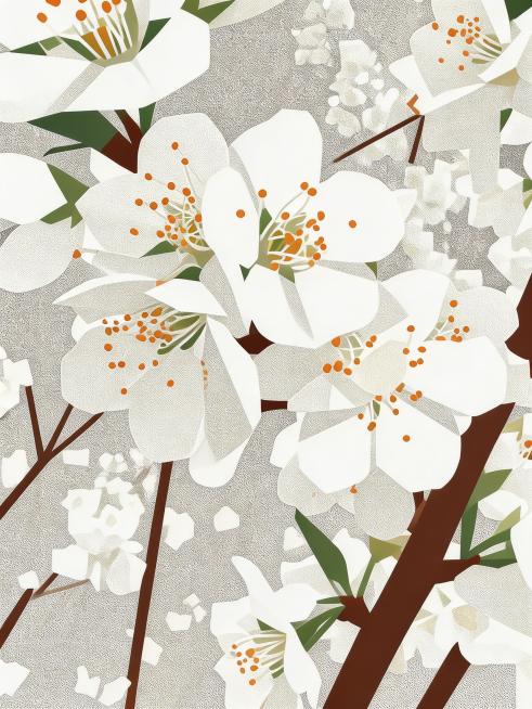 梨花，现代极简几何扁平风格，融合包豪斯主义理性线条，risograph印刷质感，图形高度概括无多余细节，强调色彩与形状的构成关系，带有复古印刷的颗粒肌理预览效果