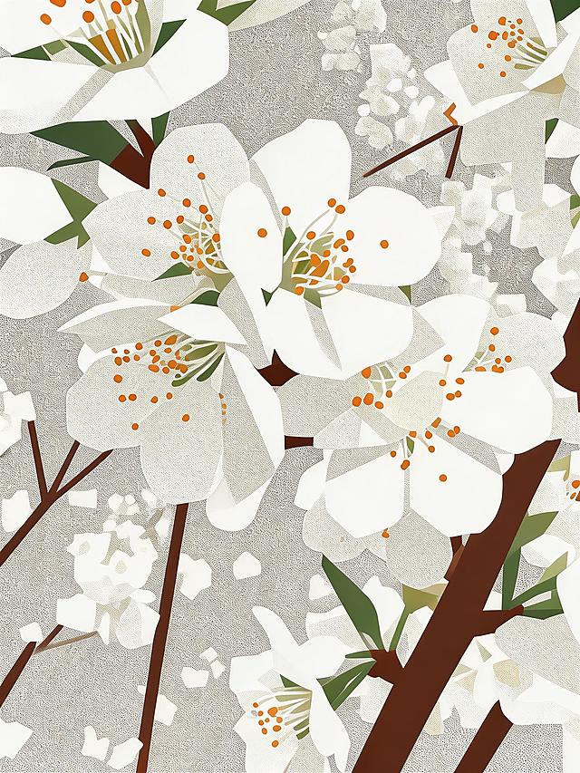 梨花，现代极简几何扁平风格，融合包豪斯主义理性线条，risograph印刷质感，图形高度概括无多余细节，强调色彩与形状的构成关系，带有复古印刷的颗粒肌理