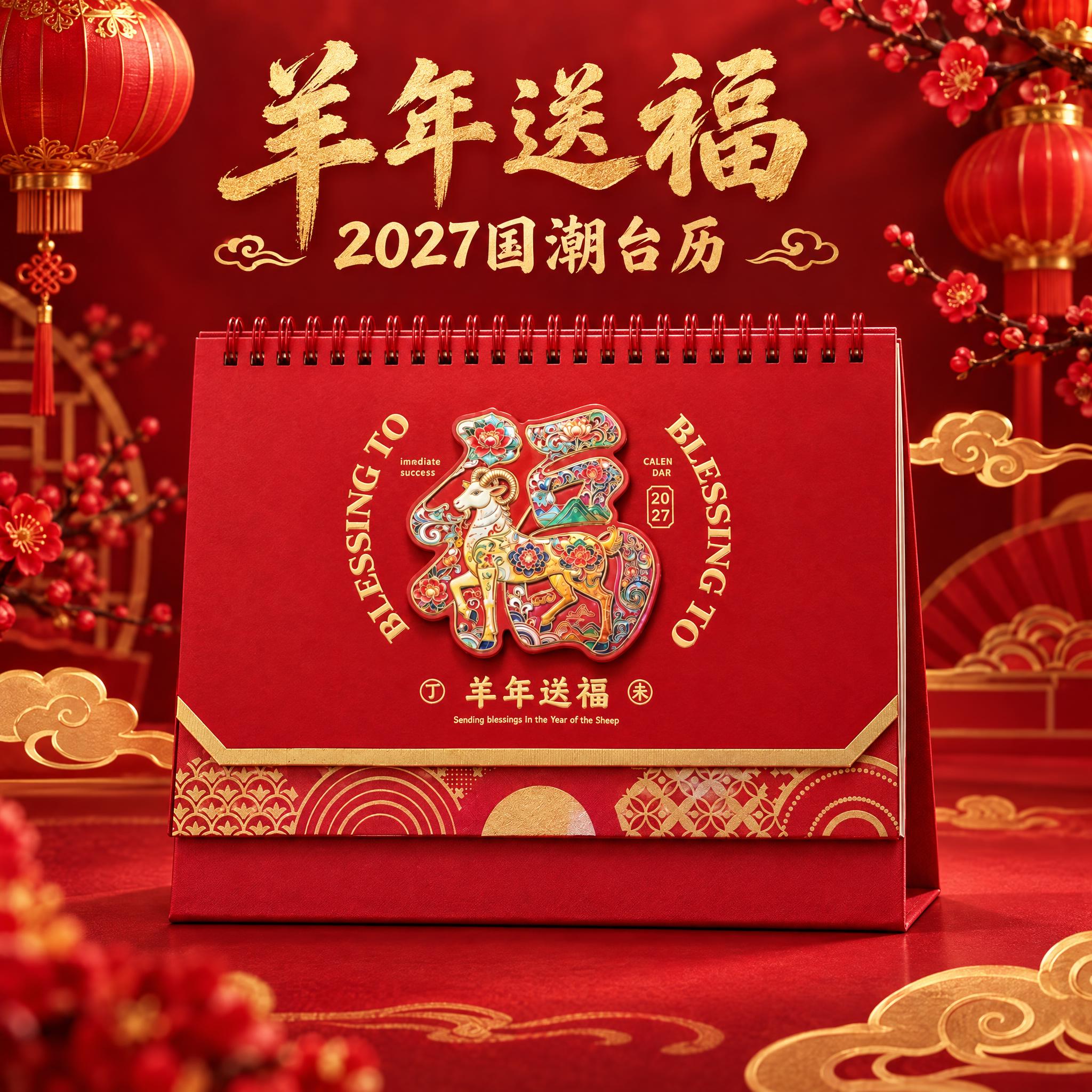 生成羊年送福款台历单张主图。国潮喜庆风格，红金主色调，深红色渐… - 图片创意预览