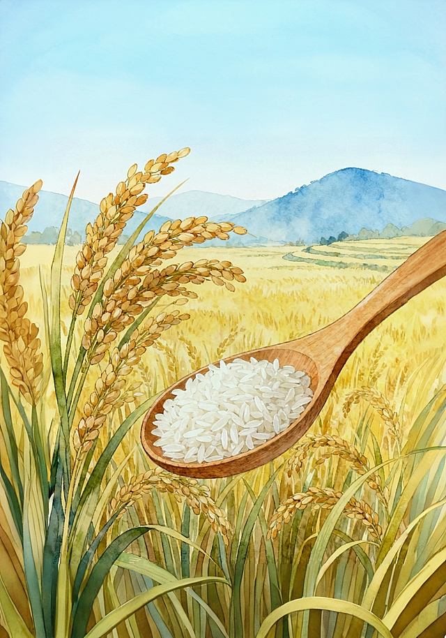 水彩风插画，融合田园与轻拟物元素，以柔和色调呈现稻田丰收景象，木勺盛满白米，呼应自然质朴之美，传递清新宁静的秋日气息。