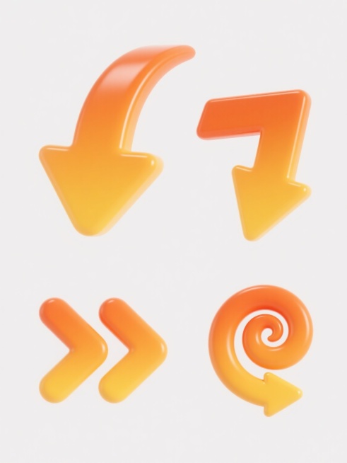 纯色背景上的系列素材集合，保持明亮橙色渐变、光滑曲面和高光反射的3D立体风格，包含四个完全不同造型的箭头元素：第一个是向上弯曲的优雅曲线箭头，第二个是锐利的直角转折箭头，第三个是带有弧度的双箭头，第四个是螺旋上升的箭头，所有箭头均具有相同的橙黄色调与光泽质感，规整地排列在白色背景上，形成统一而多样的视觉系列。预览效果