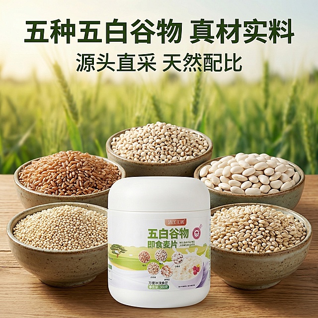 [主图 8] 原材料品质展示
[氛围/风格] 原生态农场氛围，自然户外光线。
[画面元素] 五种核心谷物原料（糙米、薏米、白芸豆、白藜麦、青稞）分别盛放，颗粒饱满清晰，产品罐摆放在前方，背景是朦胧的绿色谷物农场，产品外观保持与原图一致。
[配色色系] 大自然绿色+谷物原色，原生态健康质感。
[视角构图] 中心构图，产品在前原材料在后，层次分明。
[文字版式] 主标题"五种五白谷物 真材实料"粗体放大，副标题"源头直采 天然配比"，文字放在画面顶部留白处，不遮挡主体。
[比例分辨率] 1:1比例，2k分辨率。
