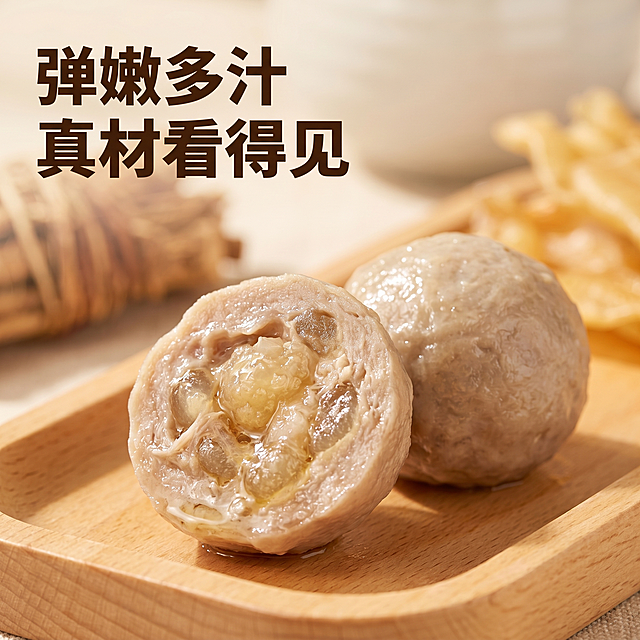 [主图 3] 五指毛桃花胶肉丸切开剖面细节特写。[氛围风格] 诱人食欲，真实弹嫩质感。[画质] 商业摄影质感、光线柔和通透、产品清晰真实、画面干净高级。[元素] 一颗完整肉丸和对半切开的肉丸摆放在一起，展示内部细腻纹理，能清晰看到花胶颗粒和肉质纤维，切开剖面弹嫩多汁，油光诱人。浅木餐盘承托，背景虚化保留少许原材影子。保持肉丸外观质地颜色与输入产品图绝对一致，杜绝任何变形和色差，精细化处理。产品主体占比70%左右，画面满屏无边框。[光影] 自然暖阳侧逆光，突出剖面的肌理层次和油润光泽，让弹嫩质感更明显。[配色] 浅木色背景搭配肉丸自然米白色，干净通透。[视角构图] 微距特写平视，焦点对准切开剖面，景深较浅，背景虚化突出细节。[文字版式] 左上角标题 "弹嫩多汁 真材看得见" 深棕色加粗，文字不遮挡剖面主体。[比例分辨率] 1:1 比例，2k 分辨率；文字清晰锐利，画面超高清。[负向提示词] 变形，水印，文字错乱，产品图模糊，背景杂乱