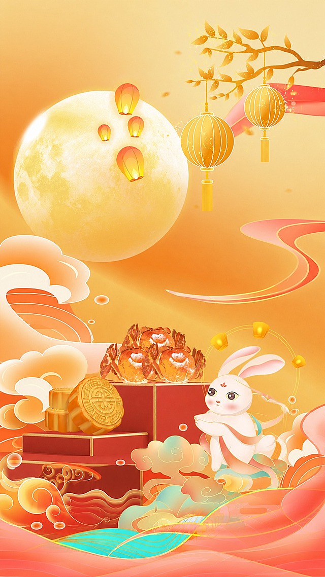 将这张中秋横版插画改为竖版构图，尺寸为宽929px高1820px，保留原图所有元素：左侧大月亮、孔明灯、月饼、螃蟹、红色展台、玉兔、右侧灯笼、桂枝、祥云、水纹、飘带，保持原有暖橙黄色调和国潮插画风格，元素位置重新排布使整体画面协调自然，元素不变，颜色不变，画面完整和谐