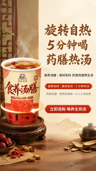 设计第1页首屏Banner，左右双模块，左侧放旋转自热药膳汤产品图，右侧排版文字：主标题"旋转自热 5 分钟喝药膳热汤"用毛笔书法体，字号72px，颜色#8B5A2B，位置右侧上区居中；副标题"食养汤预览效果