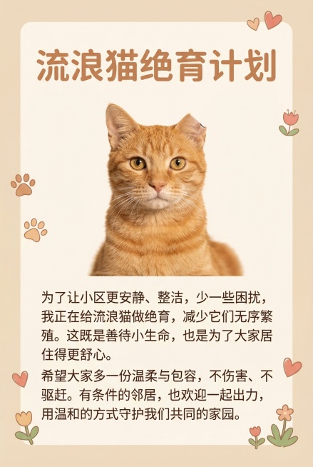 制作一张流浪猫绝育计划公益竖版海报，顶部放置醒目的大标题"流浪猫绝育计划"，画面中心是这只剪耳标记的橘色流浪猫，底部放置文案：为了让小区更安静、整洁，少一些困扰，我正在给流浪猫做绝育，减少它们无序繁殖预览效果