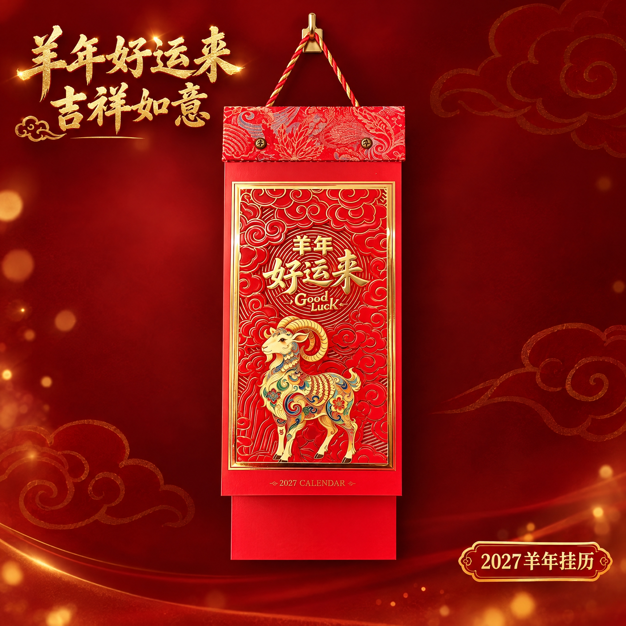 羊年好运来款挂历单独展示，淘宝主图规格高清图。产品居中悬挂展示… - 图片创意预览