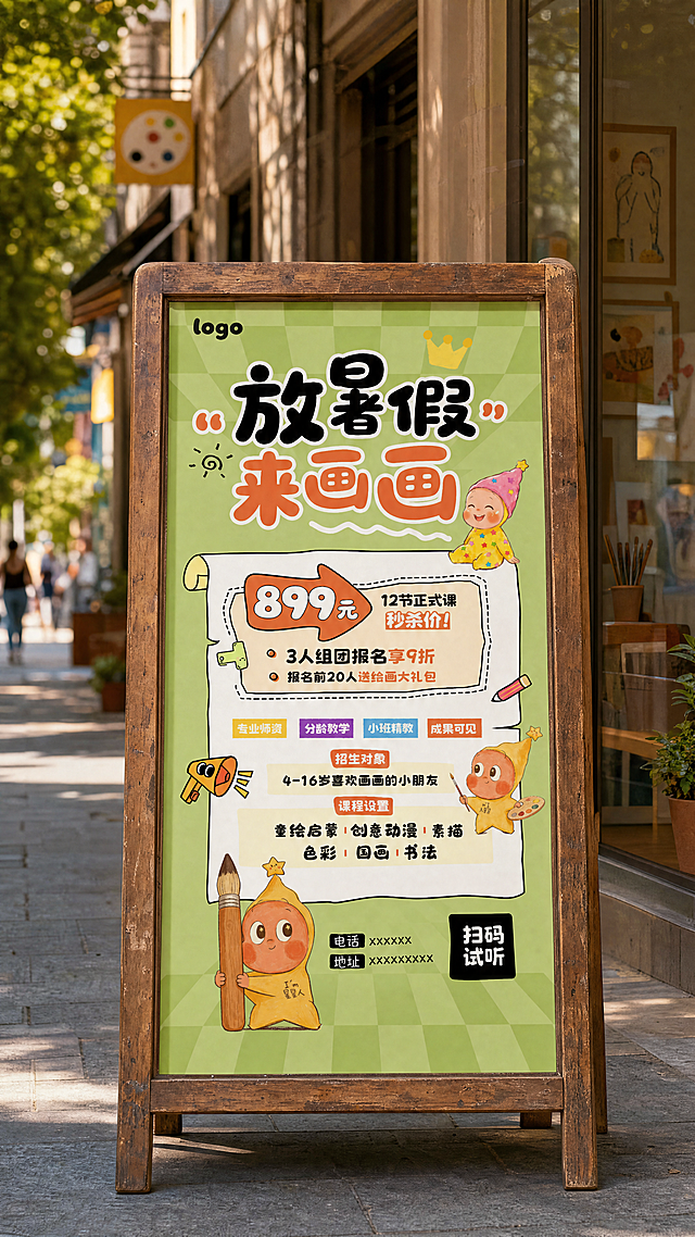 超写实照片，将放暑假来画画招生海报放置在街边玻璃门店前的复古木质立式海报架上，保持海报内容完整不变，暖调自然光，背景柔和虚化，浅景深，温馨治愈的街景氛围，做旧木质感，8K高清，细节丰富