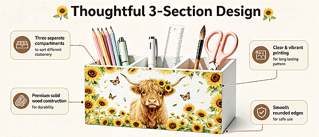 [Screen 3] 3-Section Storage Design feature highlight. Use image1 and image3 to showcase the compartment structure. Center the product, add lead lines labeling each key feature: "Three separate compartments" to sort different stationery, "Premium solid wood construction" for durability, "Clear & vibrant printing" for long lasting pattern, "Smooth rounded edges" for safe use. Each label is in a rounded info card. Keep product shape, size, pattern and color exactly same as input image1. Background is light textured off-white, consistent with base color. Main title "Thoughtful 3-Section Design" at the top. 61:25 wide aspect ratio, 4K resolution, all English text. Negative prompt: wrong structure, blurry product, text overlap, Chinese characters, distortion.