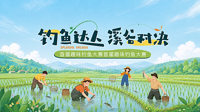 增加稻田里的秧苗数量，增加天空的占比，保留所有文字内容：钓鱼达人 溪谷对决，SPLENDID ARCADIA，首届趣味钓鱼大赛首届趣味钓鱼大赛，保持清新插画风格，稻田摸鱼场景，人物和整体构图不变