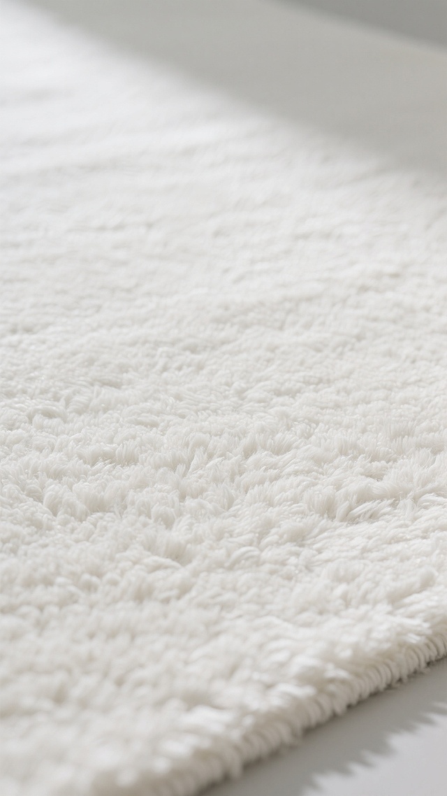 一张高清质感的地毯特写照片，整体呈现纯净的白色调，光线柔和均匀地洒在表面，营造出明亮、洁净的氛围。地毯的材质改为光滑细腻、纹理清晰的羊毛，羊毛纤维紧密且带有自然的轻微卷曲，表面呈现出柔和的哑光光泽，没有明显的绒毛感，质地平整而富有弹性，细节处能看到羊毛特有的细微肌理和温润质感。