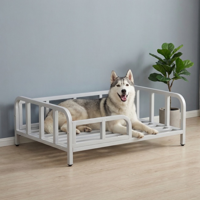 一张清新莫兰迪风的宠物用品场景图。主体是浅灰色钢架狗床，保持产品原有浅灰色钢架栅格结构不变，保持物理结构不变，狗床上不要放置垫子，一只开心快乐的哈士奇正趴在狗床上。场景背景是低饱和度莫兰迪灰蓝色纯色墙预览效果