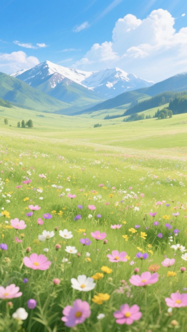 超高清画质，极致细节，唯美插画风格，一片广袤无垠的花海，各色野花盛开，粉色、白色、黄色、紫色的花朵点缀在绿色的草地上，远处是连绵起伏的青山，山顶覆盖着皑皑白雪，蓝天白云，阳光明媚，光影效果极佳，色彩鲜艳明快，充满生机与活力，营造出宁静而美好的氛围。预览效果