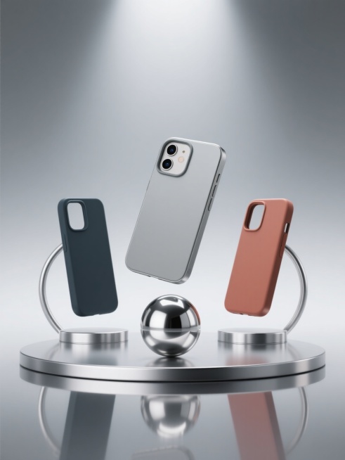 3D渲染风格，极简主义设计，以不同颜色、不同款式的手机壳为主体，主色调为简约的灰色渐变背景，搭配金属质感的银色反光球体和圆形支架作为装饰元素，光线从顶部柔和照射，营造出高光泽度的表面反光和清晰锐利的阴影细节，手机壳呈现悬浮于光滑镜面平台上的视觉效果，构图采用对称美学，各元素间保持和谐的空间距离，整体氛围科技感十足且简洁大气，突出手机壳的材质质感与设计细节。预览效果