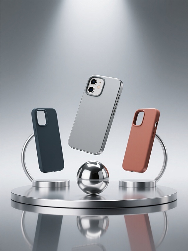 3D渲染风格，极简主义设计，以不同颜色、不同款式的手机壳为主体，主色调为简约的灰色渐变背景，搭配金属质感的银色反光球体和圆形支架作为装饰元素，光线从顶部柔和照射，营造出高光泽度的表面反光和清晰锐利的阴影细节，手机壳呈现悬浮于光滑镜面平台上的视觉效果，构图采用对称美学，各元素间保持和谐的空间距离，整体氛围科技感十足且简洁大气，突出手机壳的材质质感与设计细节。