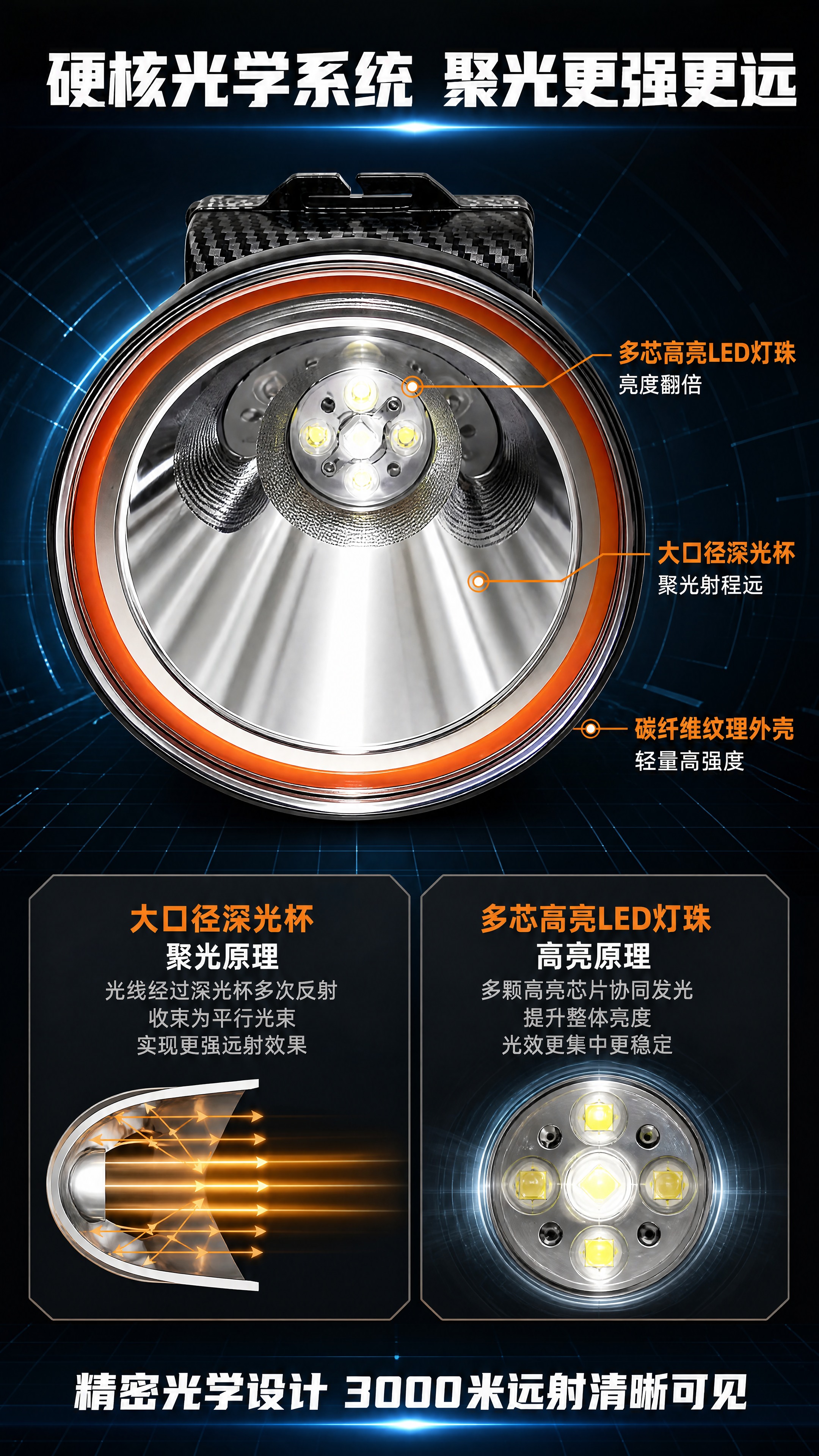 [商品] 使用【图3】奇量冠军版强光头灯灯头正面特写；保留大口… - 图片创意预览