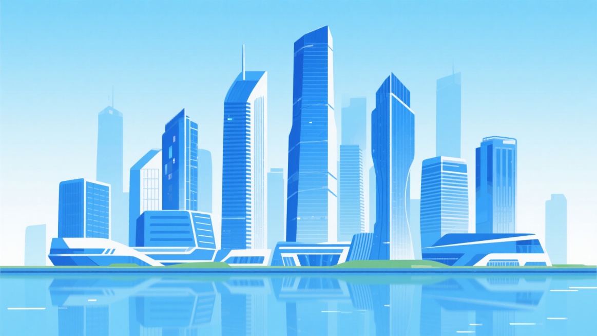 极简风格的城市建筑群插画，以蓝色为主色调，线条流畅，建筑形态现代感十足，高楼林立，背景为渐变的浅蓝色天空，下方有平静的水面倒影，整体画面简洁、通透、富有科技感和未来感，无明显文字信息预览效果