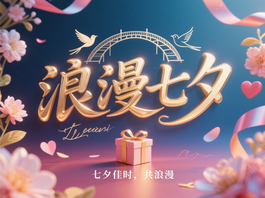 海报设计，主题字‘浪漫七夕’优雅的花体英文手写字体，  烫金浮雕效果，强烈的光影对比凸显质感。点缀鹊桥简笔线条，周围可搭配花朵、丝带、七夕元素。有空间感。色彩有层次
文字下方添加礼盒的图案
底部文字预览效果