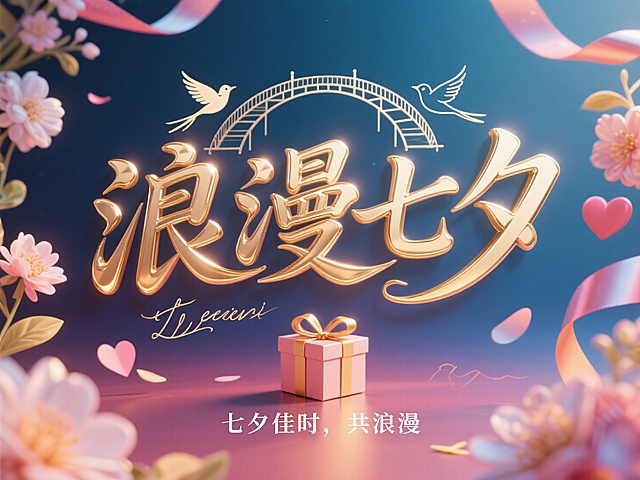 以金色 “浪漫七夕” 为核心，搭配鹊桥、飞鸟、粉花与礼盒，营造出七夕佳节甜蜜浪漫、适合赠礼的氛围，传递出共赴浪漫时刻的美好期许。