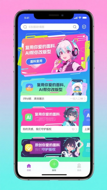 帮我生成图片：二次元×定制化COS服 UI界面层级设计（一级/二级/三级） 核心设计逻辑：以原创定制为核心、AI为辅助工具、面料/版型复用为亮点，兼顾操作流畅度与COS文化价值传递，所有层级均围绕“尊预览效果