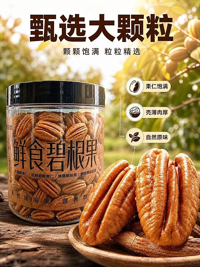 [主图-2] 核心亮点 碧根果品质与产地溯源展示。
[统一基调] 抖音3:4竖版主图，真实自然高清实拍风格，暖色调食欲感，深棕色主标题配米白辅助字，粗黑体大字，背景为自然产地氛围。
[画面] 画面中央偏左放置罐装碧根果，罐体完整。右侧用特写放大方式展示几颗碧根果仁的细节，果仁表面纹理清晰、色泽金黄油亮、颗粒饱满硕大。背景是虚化的碧根果树林/果园自然场景，阳光透过树叶洒下，营造产地新鲜直供的氛围。画面中用细引线从产品指向果仁特写，标注"果仁饱满""壳薄肉厚""自然原味"三个品质点，每个点配小图标。
[光影质感] 自然暖阳逆光效果，阳光从后方照射，碧根果仁边缘有透亮的光晕，表面油润有光泽，真实微距摄影质感，细节丰富纹理清晰。
[配色] 主色调暖金色、深棕色、自然绿色，阳光感强烈，背景绿色虚化不抢主体。
[文字版式] 顶部居中主标题"甄选大颗粒"，粗黑体深棕色；下方小字"颗颗饱满 粒粒精选"，细黑体。右侧三个品质点用图标+小字形式排列，文字简洁。
[输出要求] 3:4竖版比例，产品清晰，细节真实，文字清晰，禁止变形、错字、模糊、水印、平台Logo。