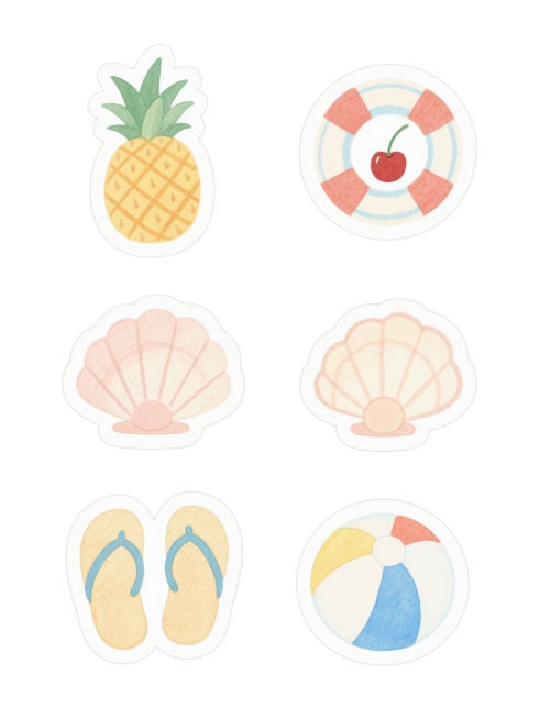 六个不同配色、不同样式、不同风格的夏日沙滩元素图标，包括菠萝、救生圈、樱桃、贝壳、人字拖和沙滩球，采用清新水彩质感的手绘风格，色彩明快柔和，上下两行三列对齐排列在纯白色的浅色背景上，每个元素边缘圆润，预览效果