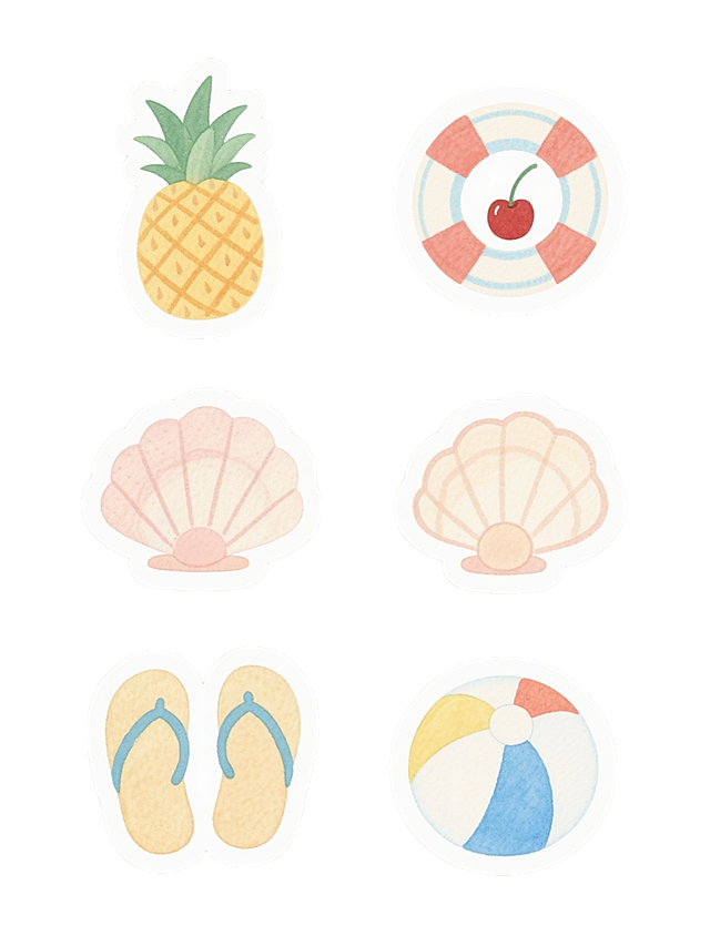清新插画风手账贴纸，菠萝、救生圈、贝壳、拖鞋与沙滩球，夏日度假元素。