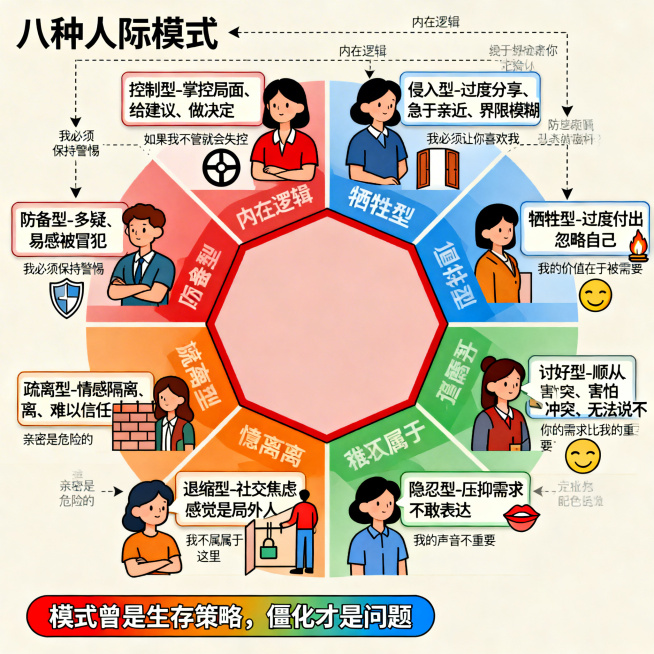 科普插画风格，丰富的细节、标注和说明文字，统一的温暖色彩体系（红色、蓝色、绿色、橙色主色调）。核心视觉是中心一个大八边形，周围环绕着八个方向的模式，每个方向用详细的人物插画和说明卡片：上方"控制型-掌预览效果
