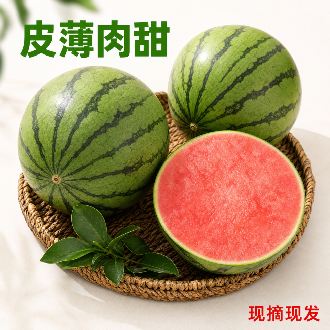[主图-4] 小糖丸西瓜完整外观展示，突出西瓜条纹和新鲜度，保持产品外观与输入产品一致，杜绝变形色差。氛围风格：新鲜自然，真实展示。画质：超清商业摄影，清晰通透，自然质感。元素：两个完整小糖丸西瓜放置预览效果