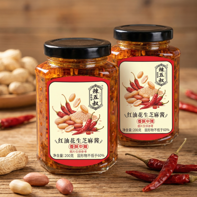 基于原图，生成两瓶一模一样的辣五叔红油花生芝麻酱，保持产品外观、标签内容和原图完全一致，两瓶错落摆放，背景搭配简约温馨的木质餐桌，撒上少许花生和干辣椒作为点缀，整体风格美食诱人，光线柔和温暖，突出酱料预览效果