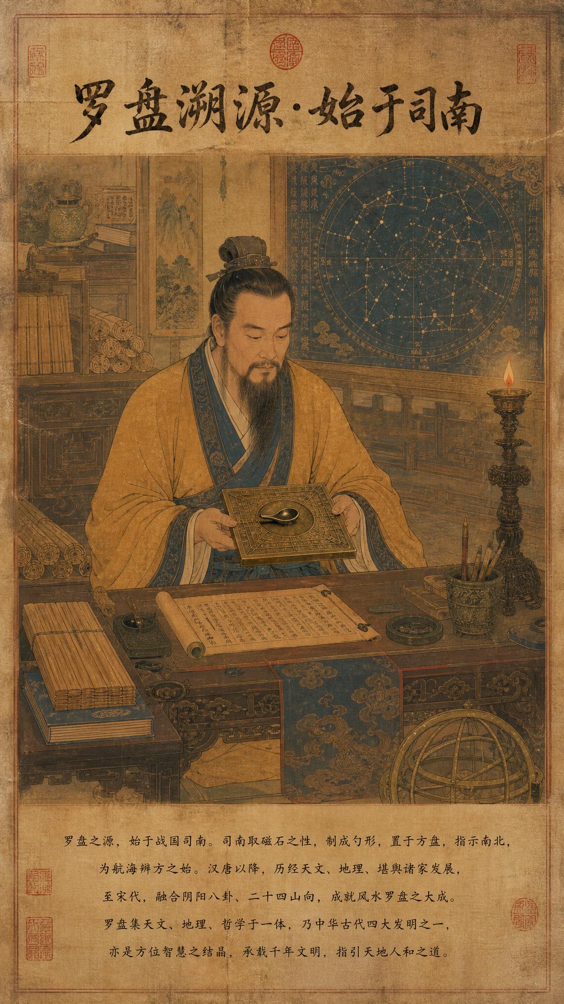 [画面] 页面目标：讲述罗盘历史渊源第一张，古画风格呈现罗盘起… - 图片创意预览