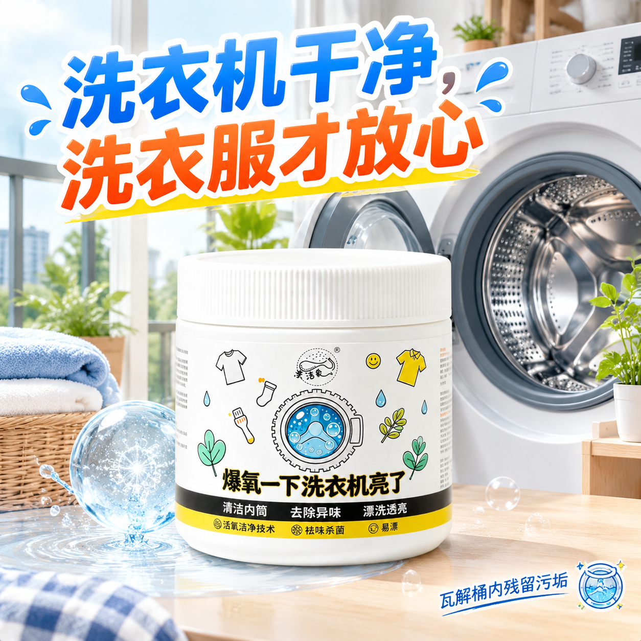 1:1电商主图，4K，主体是图5的爆氧粉罐装，背景为居家阳台洗… - 图片创意预览