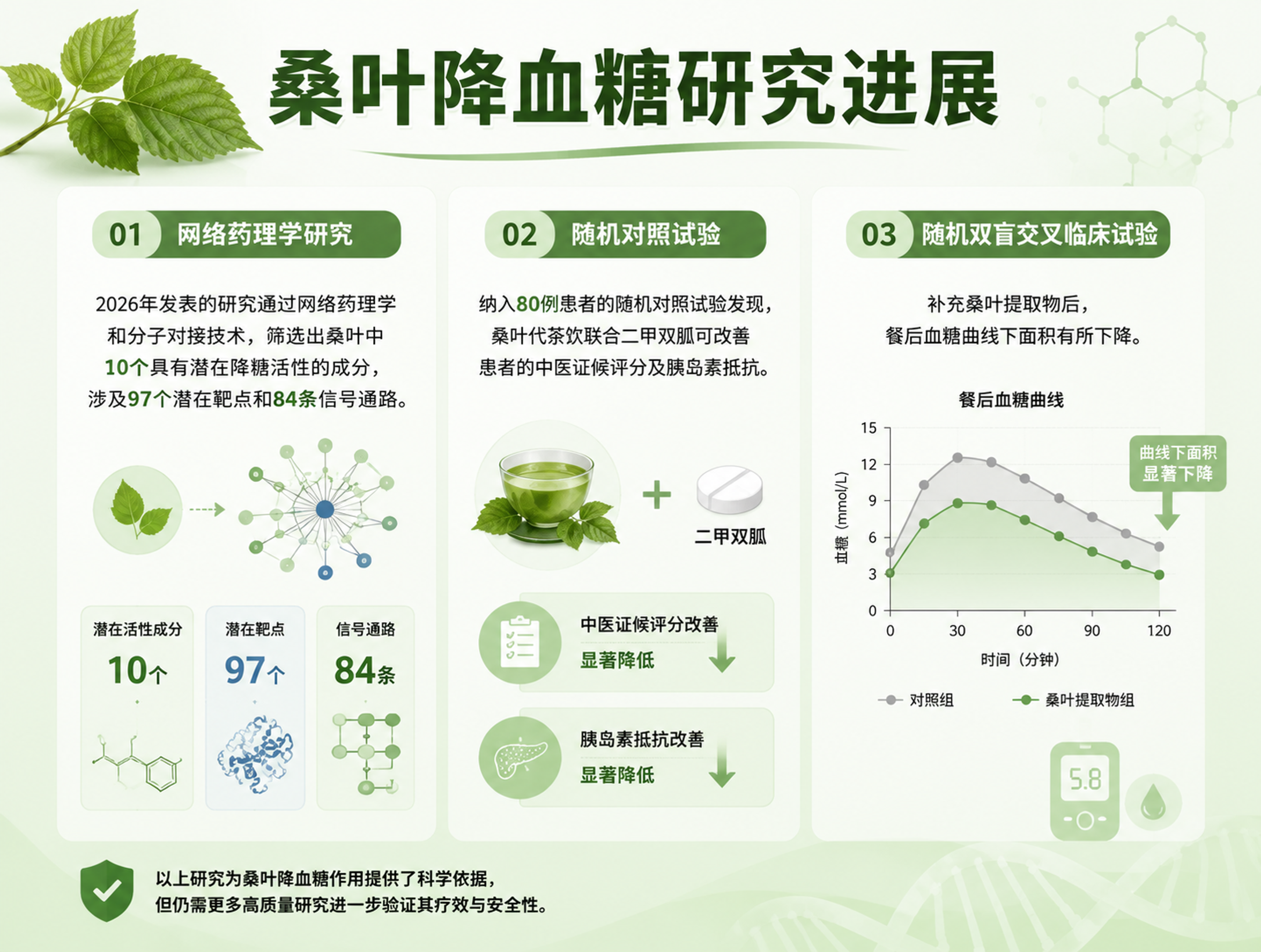 淡绿色底色的科普信息图，主题为桑叶降血糖研究进展。画面顶部有醒… - 图片创意预览