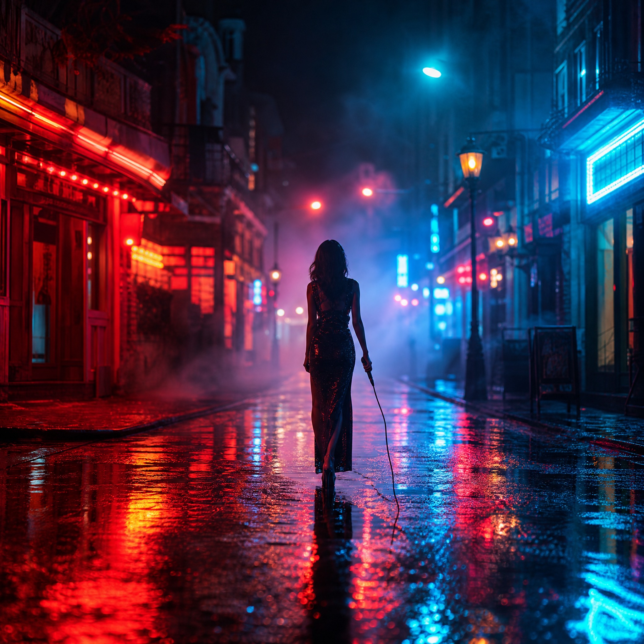 深夜霓虹街道场景，雨夜的城市小巷，两侧是复古的店铺招牌和霓虹灯… - 图片创意预览