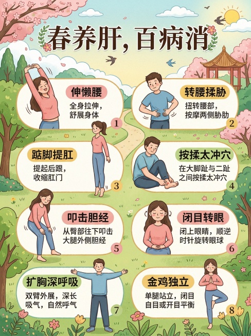 中医春季养肝养生科普插画，展示8种养肝养生动作：伸懒腰、转腰揉胁、踮脚提肛、按揉太冲穴、叩击胆经、闭目转眼、扩胸深呼吸、金鸡独立，整体风格清新自然，温暖舒适，适合健康养生科普，配有主题文字“春养肝，百预览效果