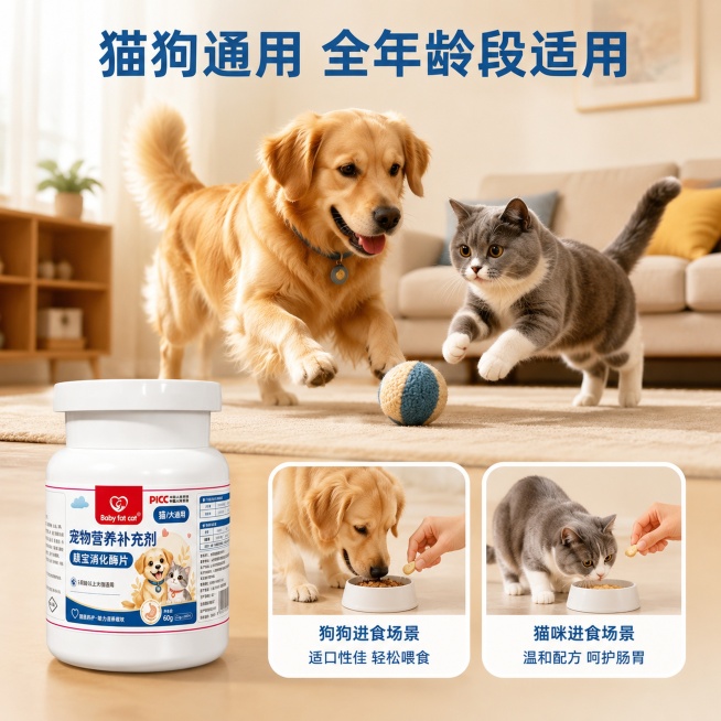 [主图-4] 场景适配展示图，胰宝消化酶片。保持原产品瓶身外观与输入产品图一致。氛围风格：生活化亲和场景；画质：高清商业摄影，自然真实；元素：宫格拼图布局，上方主场景图是客厅地面，金色金毛和英短猫一起预览效果