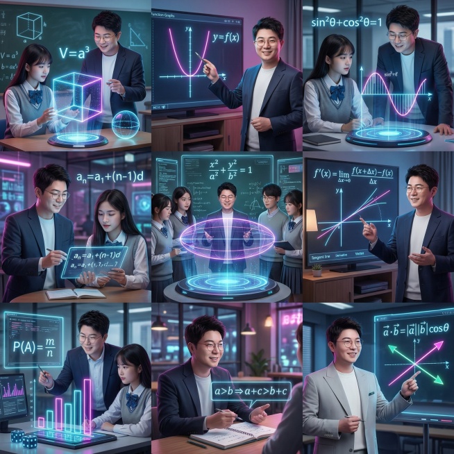 帮我生成关于高中数学的九宫格图片，要有老师和学生，老师的脸帮我设计成这张图片的，学生是中国人，场景是教室、家里、办公室、咖啡厅等，帮我生成20张预览效果