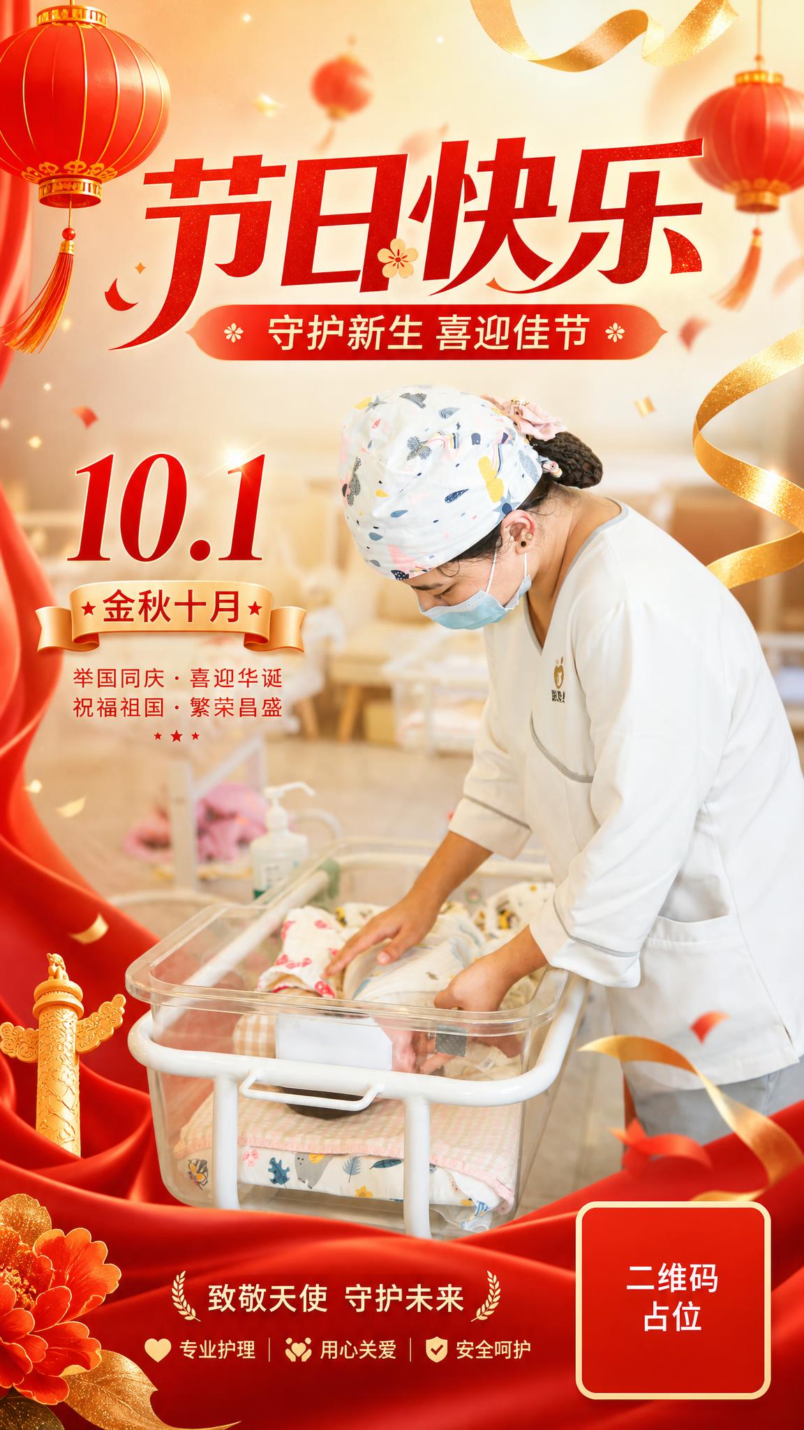 将参考图制作成喜庆节日海报，保留原图中护士护理婴儿的专业场景主… - 图片创意预览
