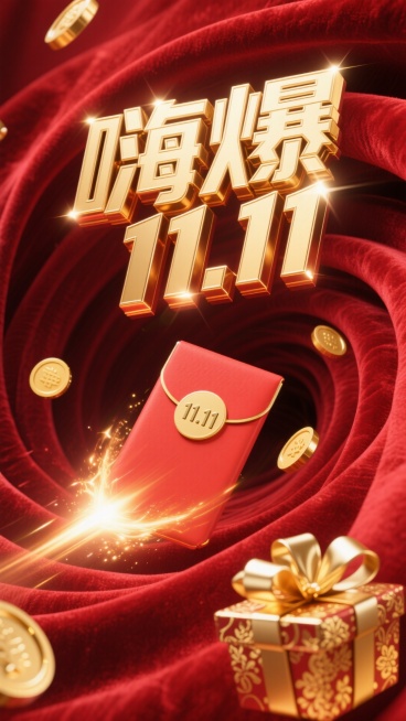 8K 超高清画质，如电影级商业广告画面般精致，摄影级别的专业呈现。画面以浓郁的红色作为背景主色调，仿佛是红丝绒质地，散发着奢华且热烈的光泽。醒目的标题 “嗨爆 11.11” 以立体金色大字呈现，字体边预览效果