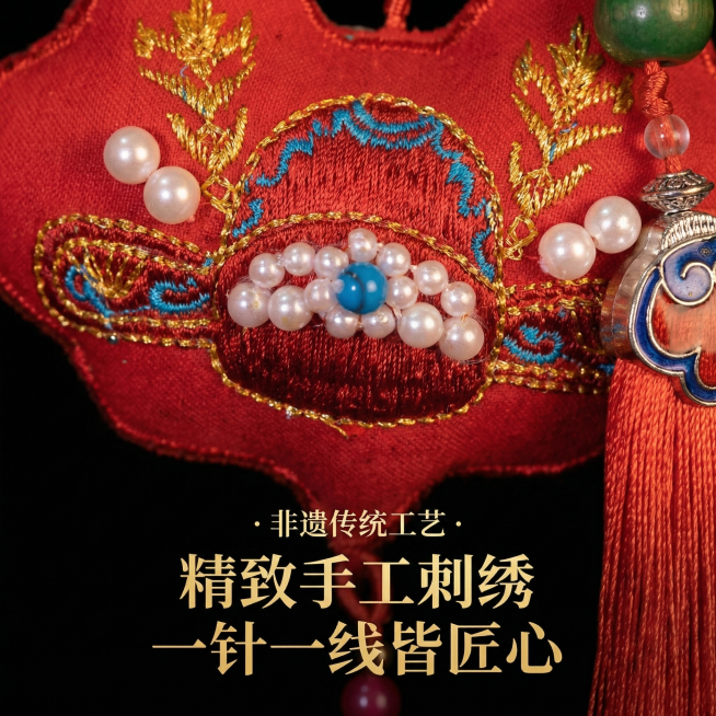 [主图 2] 金榜题名车挂细节展示
[氛围/风格] 禅意极简国风，高清特写质感，柔和自然光影
[画面元素] 放大展示刺绣状元帽细节和珍珠装饰，保留产品原始纹理和刺绣针法，背景保持纯色简洁，突出手工刺绣预览效果