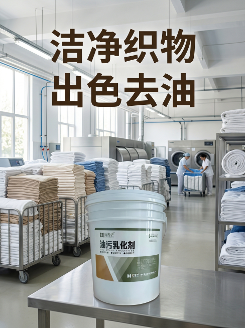 [第8张主图] 佰美伊油污乳化剂使用场景展示，展示大量清洗完成的干净纺织布匹整齐堆放在洗涤厂车间，产品放置在前景位置，体现产品使用后的出色成果，明亮专业车间环境，真实自然氛围。大标题 "洁净织物 出色预览效果
