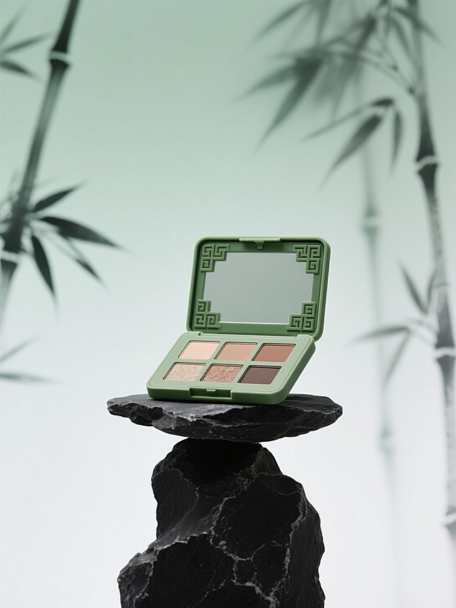 简约东方美学风格，主体是绿中式风外壳的眼影盘，置于黑色岩石台座，背景虚化融入水墨竹影，浅绿色渐变背景