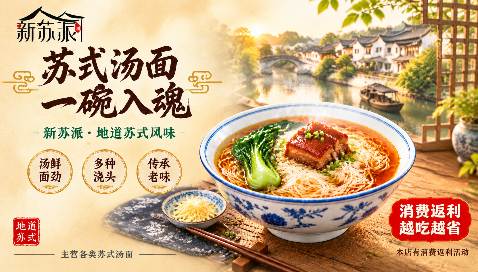 新苏派苏式汤面品牌主视觉海报，横版，江南苏式风格，温暖雅致有食… - 图片创意预览