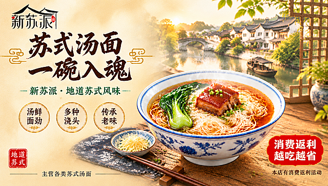 新苏派苏式汤面品牌主视觉海报，横版，江南苏式风格，温暖雅致有食欲，版式精美。写实商业摄影风格。

【Logo位置】左上角放置品牌Logo：「新苏派面」，黑红色中式屋檐造型+书法字体，清晰醒目。

【活动信息】右下角放置红色圆角活动标签，内有大字「消费返利 越吃越省」，白色粗体字；标签下方小字「本店有消费返利活动」，深棕色字体。醒目但不抢主画面。

【主视觉】画面中偏右位置是一碗热气腾腾的苏式红汤面，放在木质桌面上，面条细白劲道，汤色清亮泛红，面上铺着一块酱色焖肉浇头，旁边点缀几根翠绿青菜和一小撮葱花，碗边有热气升腾。碗为精致的蓝边青花瓷碗。桌面左侧有一双筷子、一小碟姜丝和一块蓝印花布，左下角有红色印章「地道苏式」。背景右侧为江南水乡风景：白墙黛瓦、小桥流水、乌篷船，有苏州园林窗格剪影，暖黄色光晕，温馨雅致。

【文字版式】
- 主标题大字：「苏式汤面 一碗入魂」，深棕色书法字体，大气有力量，位于画面左侧偏上区域，竖排或横排两行，字号醒目。
- 主标题下方副标题：「新苏派 · 地道苏式风味」，深绿色宋体。
- 主标题旁有对称的金色云纹装饰线条。
- 画面左侧中部、主标题下方有三个圆形卖点标签竖向排列：「汤鲜面劲」「多种浇头」「传承老味」，米白底+深棕色字，圆形金边。
- 画面底部中间一行小字：「主营各类苏式汤面」，深灰色细体。

【版式布局】左右分栏式：左侧约40%为文字信息区（主标题+卖点+Logo），右侧约60%为面碗主视觉+江南水乡背景，层次分明，主体突出。

【配色】整体暖色调：米黄/暖白底色 + 深棕主文字 + 墨绿辅色 + 金色装饰线 + 红色活动标签点缀。

【光影与氛围】暖黄色侧前方柔光，面碗有柔和高光，汤面有油亮光泽，热气自然升腾，温暖治愈有烟火气。

【内容填充约束】所有信息区域、卖点标签、装饰文字、活动标签填充完整，无空白框、空白占位，确保是完整成品海报。

【输出要求】画面比例横版7:4（对应2.1m×1.2m），超高清，文字清晰可读，主体清晰完整，四周留安全边距，无水印无平台Logo，无二维码。