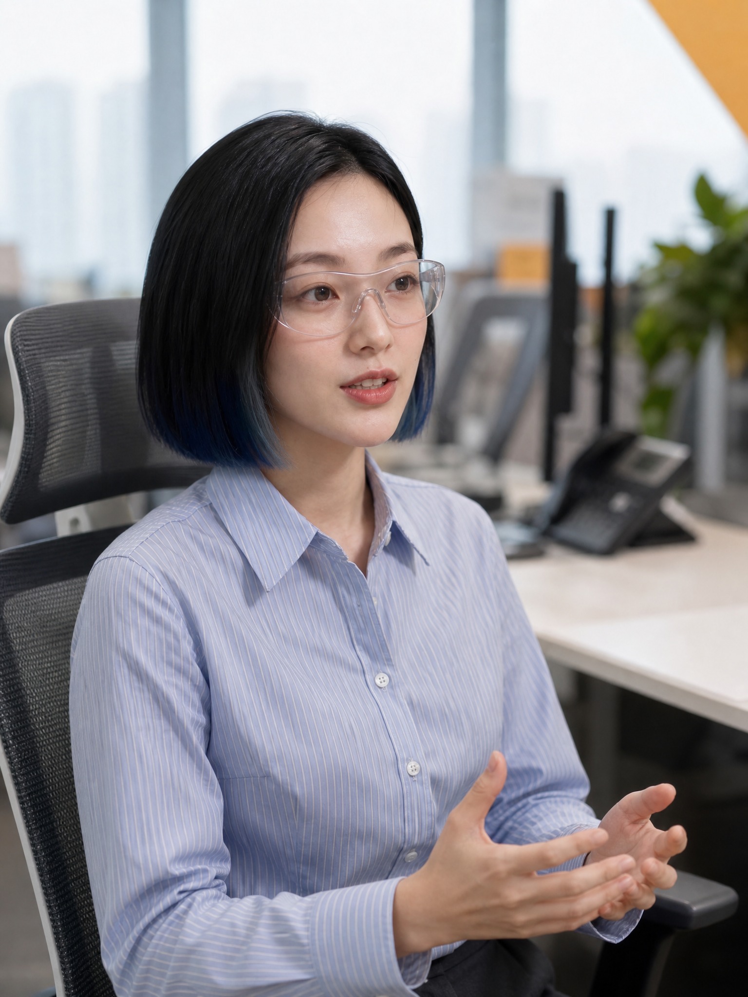 参考图1的办公室背景和办公环境，参考图2的人物面部特征（黑色短… - 图片创意预览