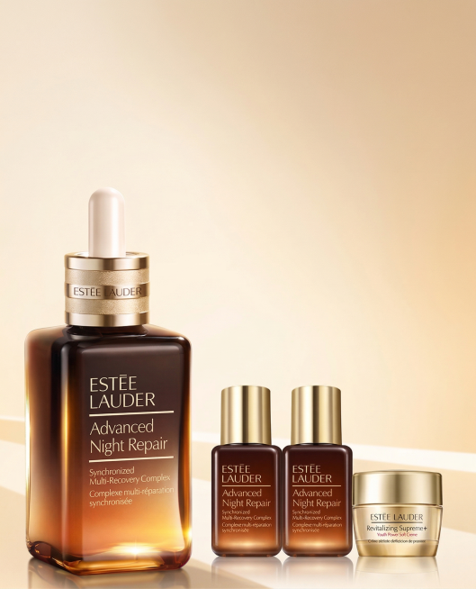 去除图片上所有的文字、标注和促销信息，保留原有的雅诗兰黛产品和浅米色渐变背景，保持原图光影和产品质感，与原图风格一致预览效果