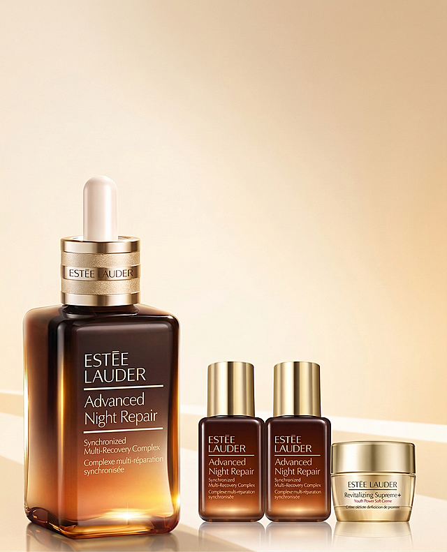 去除图片上所有的文字、标注和促销信息，保留原有的雅诗兰黛产品和浅米色渐变背景，保持原图光影和产品质感，与原图风格一致