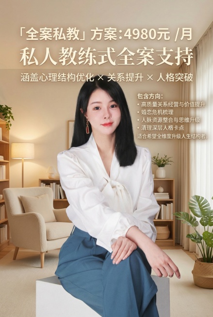 将背景替换为温馨的心理咨询风格浅色温馨场景，添加大字体文字："全案私教」方案:4980元／月 私人教练式全案支持 涵盖心理结构优化 × 关系提升 × 人格突破 包含方向： • 高质量关系经营与价值提升预览效果