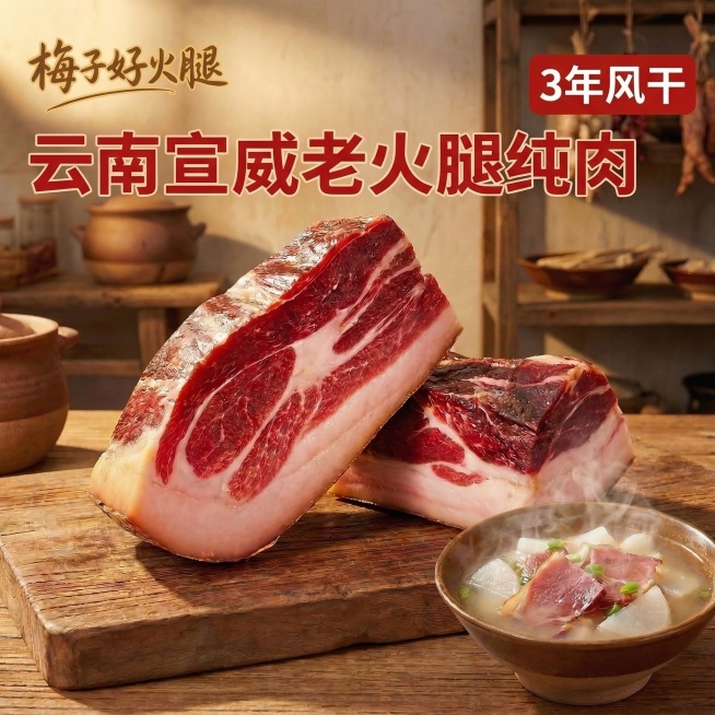 切好的云南宣威火腿纯肉切块居中放在原木砧板上，主体占比60%，切面红润油亮纹理清晰，旁边放一碗热气腾腾的火腿萝卜汤，背景是朴实农家厨房，暖金色侧光凸显肉质光泽。左上角放置logo文字"梅子好火腿"，字预览效果